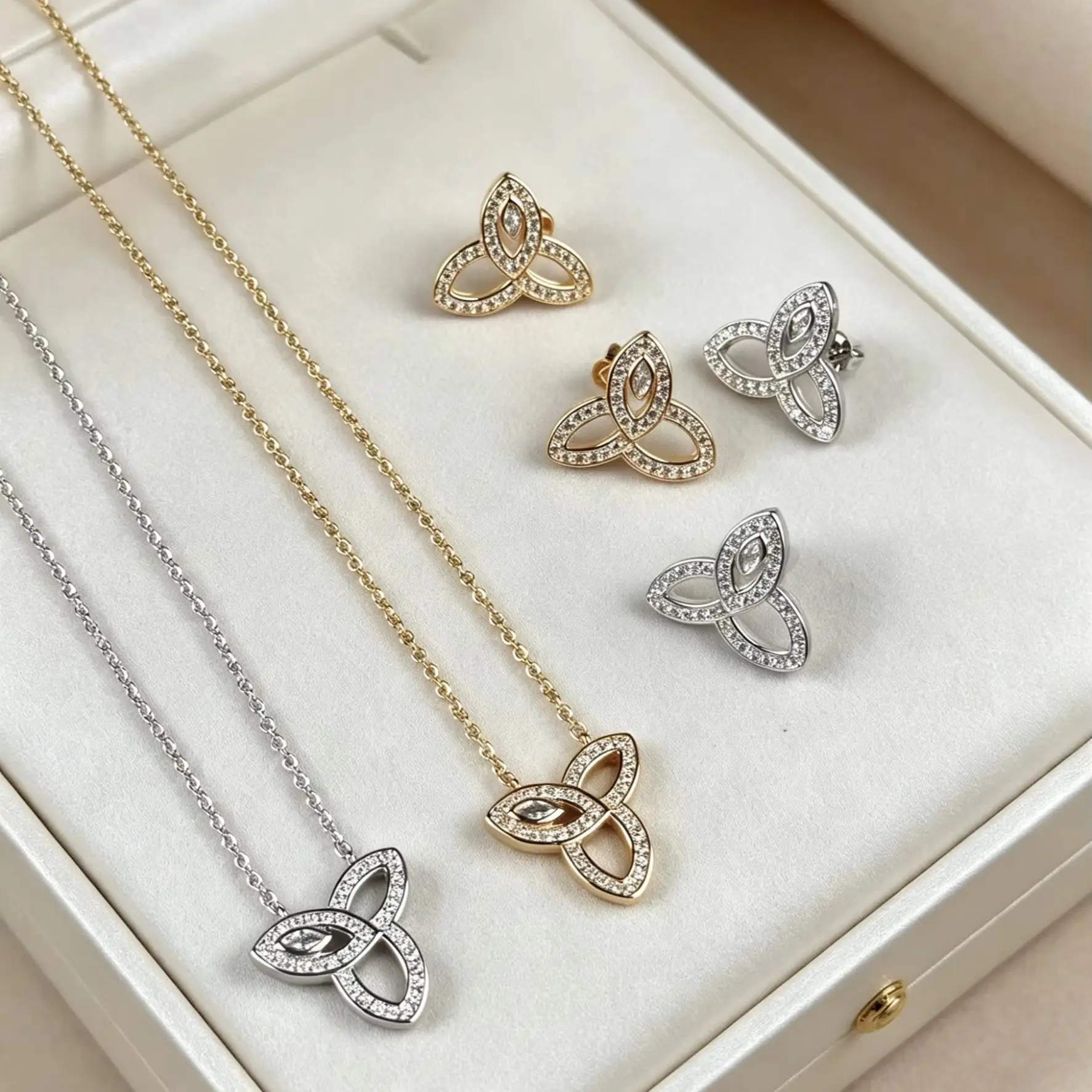 Three Leaf Clover Jewelry Set Women's Ring+Earrings+Necklace Full Paved Zircon 925 Silver High Quality Elegant Daily Party Gift