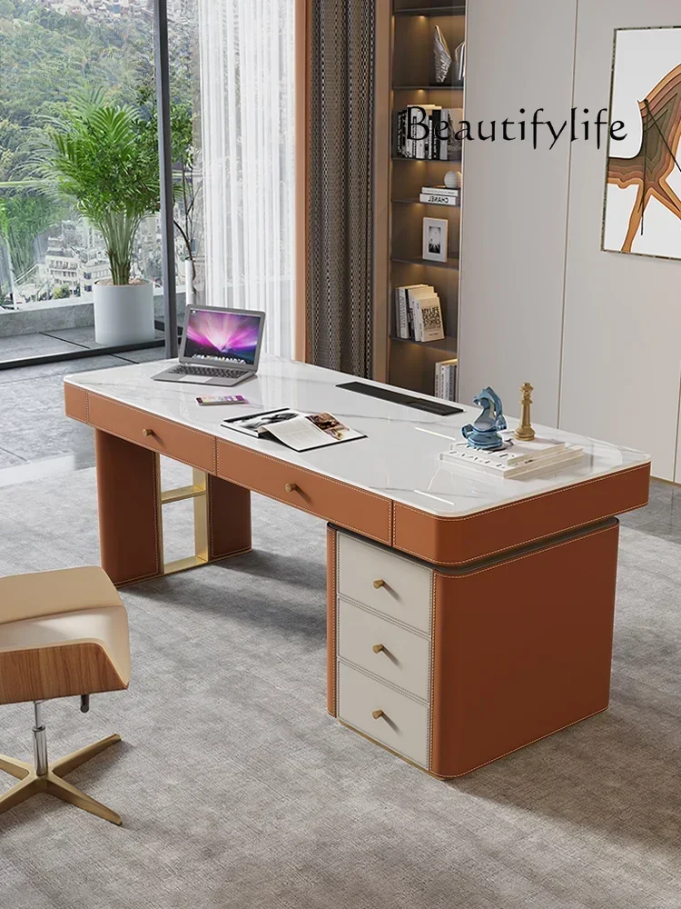 Light Luxury Saddle Leather Desk Modern Minimalist Study Designer High-End Desk Computer Table Stone Plate Writing Desk