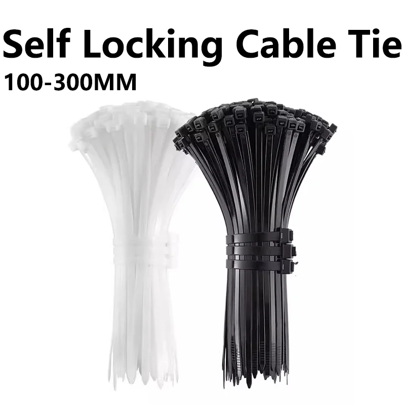 

1000Pcs 5X300mm Self-locking Nylon Plastic Tie White/Black Cable Tie Fastening Ring 3X200mm Wraps Strap Zip Tie