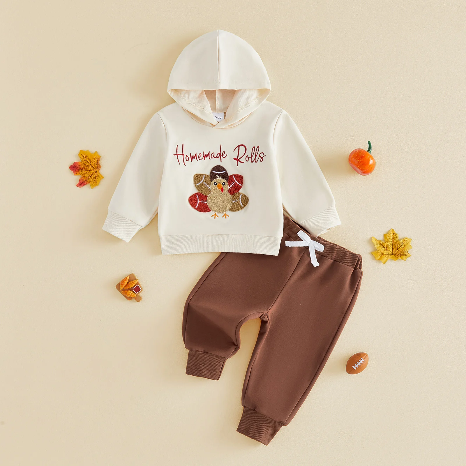 1-5Y Toddler Boy Girl Thanksgiving Outfit Letters Turkey Embroidery Long Sleeve Hooded Sweatshirt and Elastic Waist Pants Set