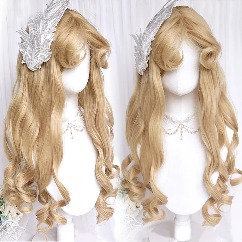 

24 Inch Synthetic Lolita Long Curly Natural Blonde Wigs Cosplay for Women Heat Resistant Fiber Hairpiece Princess hairstyle