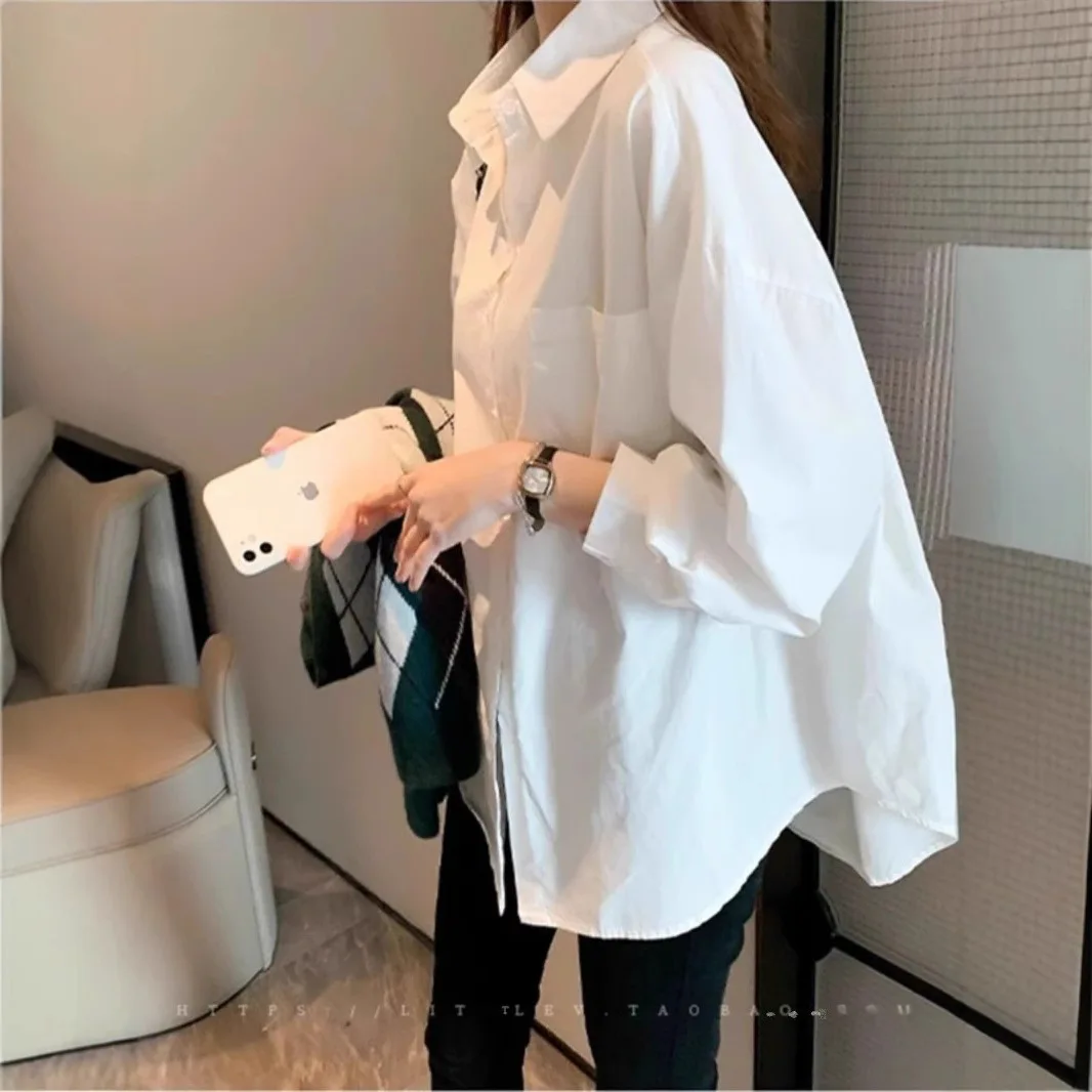 

Осенне-весенняя многослойная белая рубашка, женская дизайнерская повседневная рубашка для похудения, свободная рубашка большого размера для ленивых дюймов, высокого качества