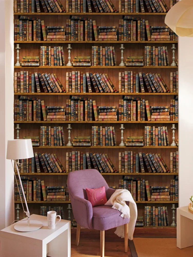 3D Vintage Bookshelf Peel And Stick Wallpaper Wood Grain Texture Removable Self Adhesive Wallpaper for Cabinet Furniture Kitchen