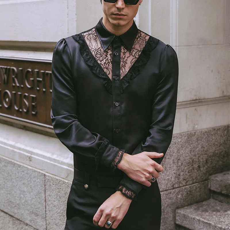 

Men's Spring Casual Shirt Hollow Slim Fit Fashion Shirt Long Sleeve Sexy Men's Solid Color Shirt