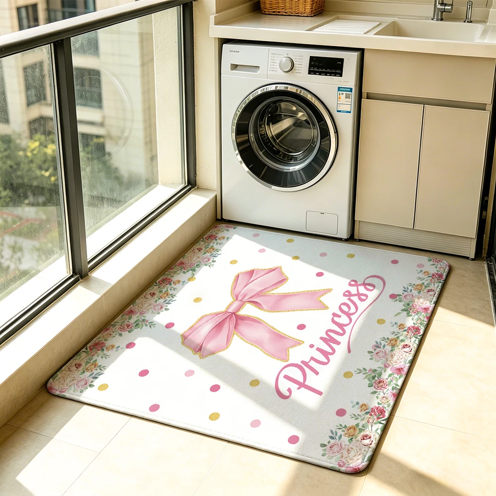 Princess Pink Bow Doormat Non-slip Washable Entrance Rug Indoor Outdoor Home Decor Floor Mat
