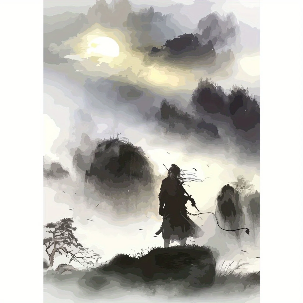 1pc FramelessCanvas Wall Art - Mysterious Warrior in Foggy Landscape with Misty Mountains & Moon, Pine Wood Frame 16x24 Inch