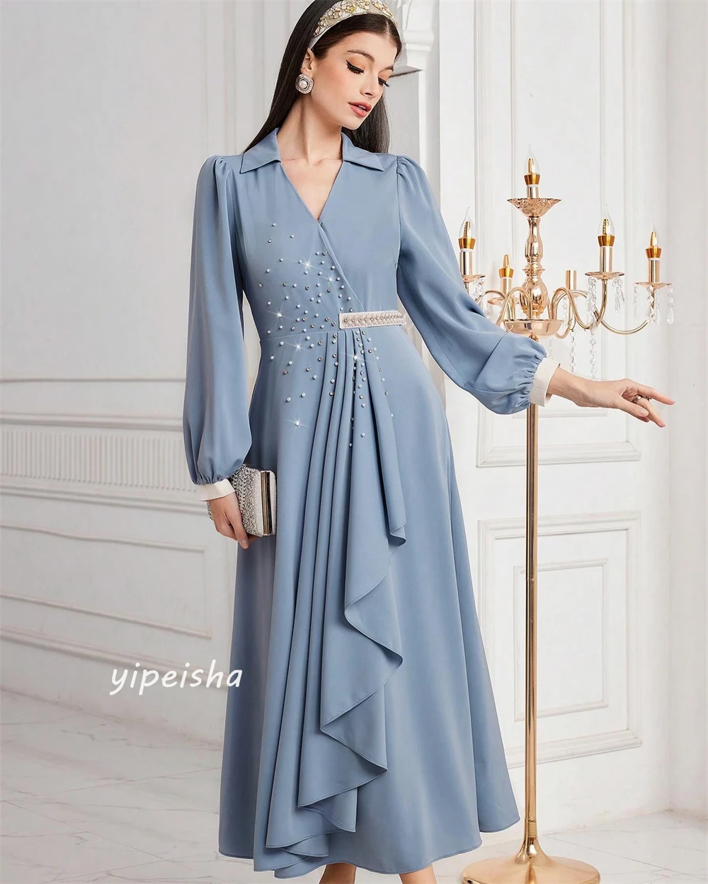 Chiffon Draped Pleat Beading Evening A-line V-Neck Bespoke Occasion Gown Midi Dresses