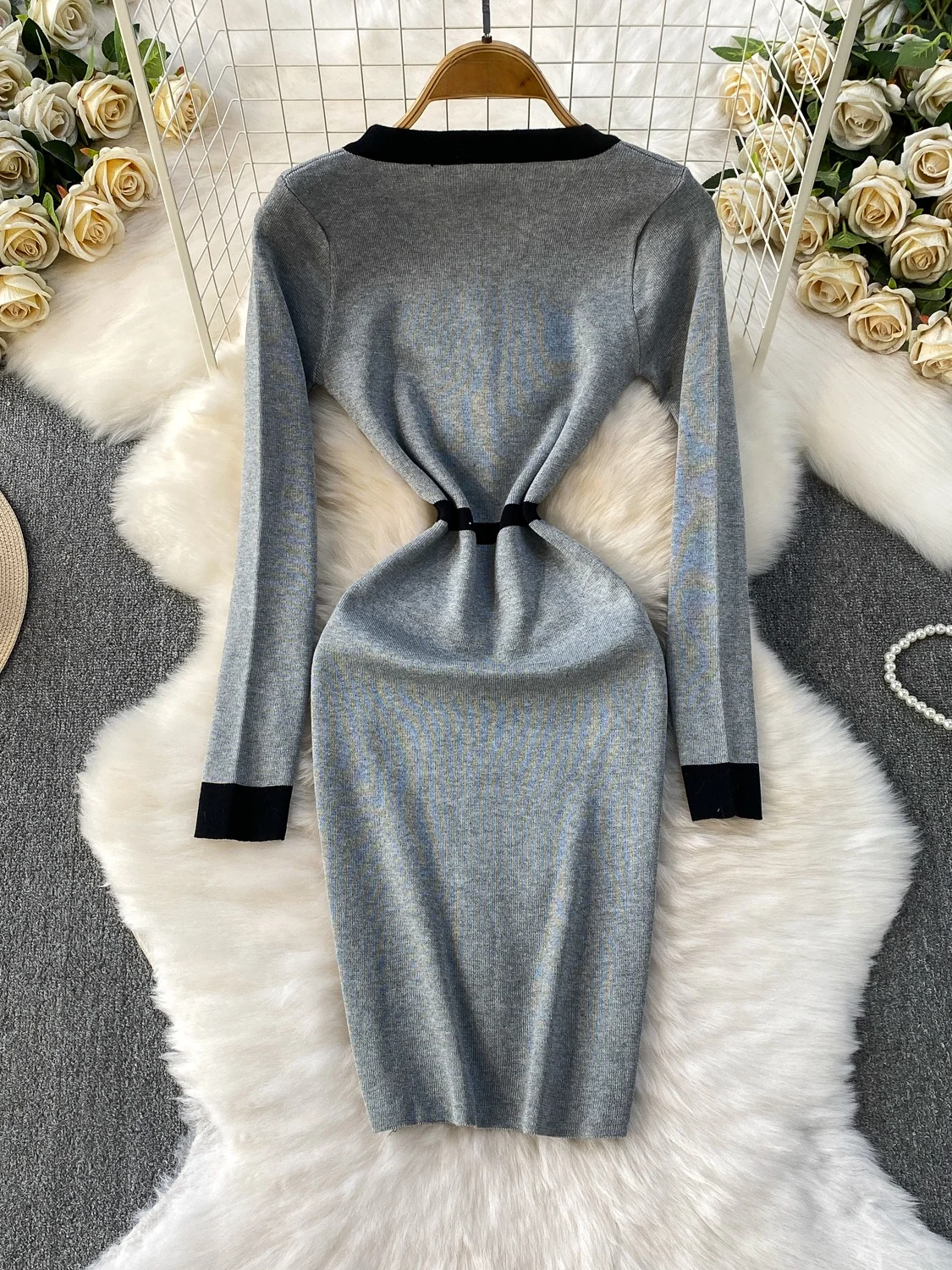 Coreano sle v-ne malha dr feminino outono inverno emagrecimento camada base envoltório em torno da saia cintura alta cor blo dr