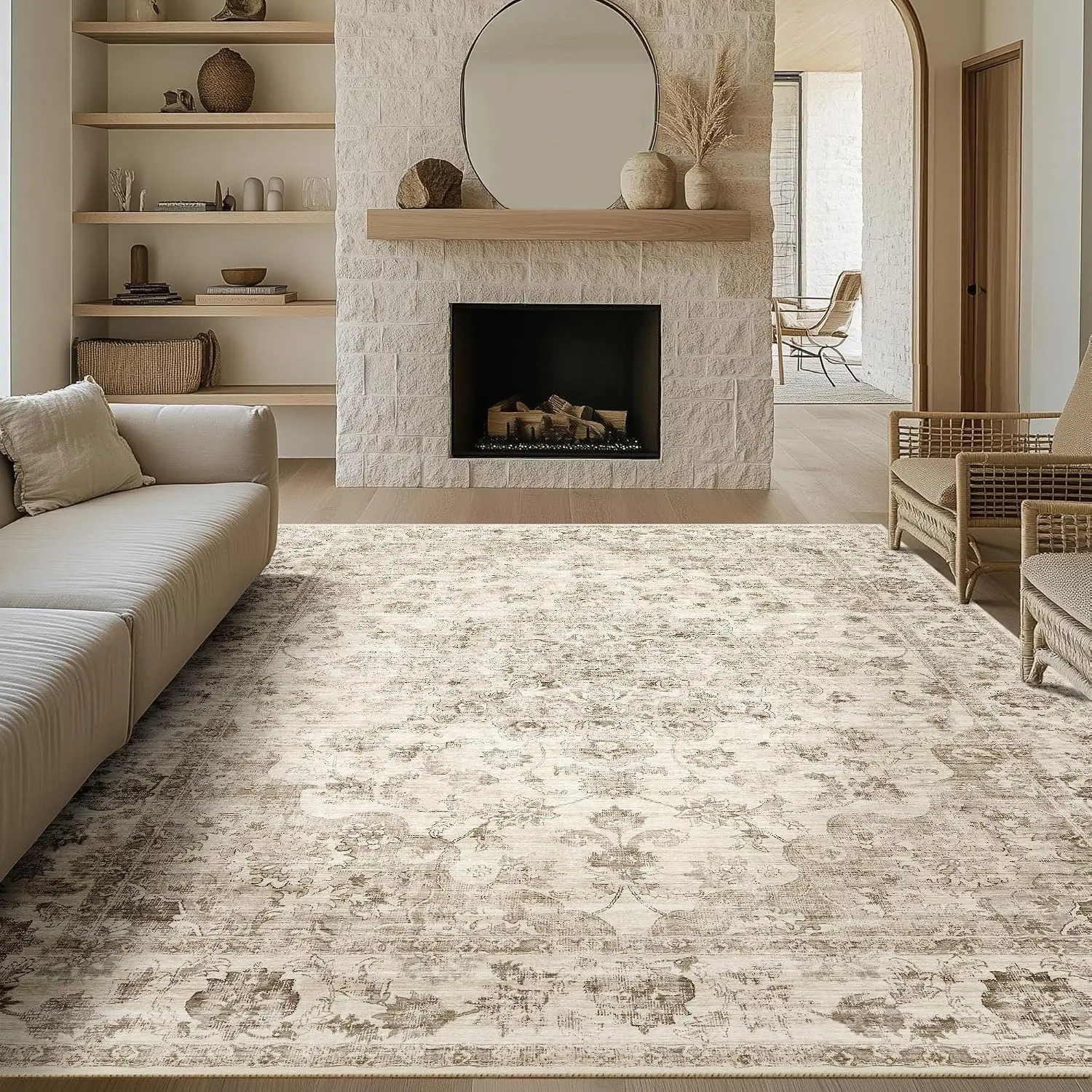 8x10 Washable Neutral Area Rug Beige Vintage Living Room Bedroom Carpet Non-Slip Soft Low Pile Farmhouse Indoor Large Throw Rug