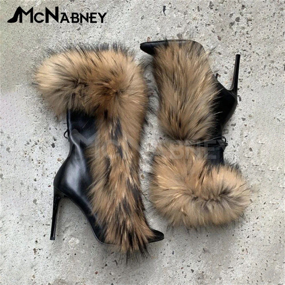 Pointed Fur Boots Luxurious Style Fashion Shoes Stiletto Shoes Sexy Winter Boots Women Warm Fake Fur Brown Suede Leather Boots