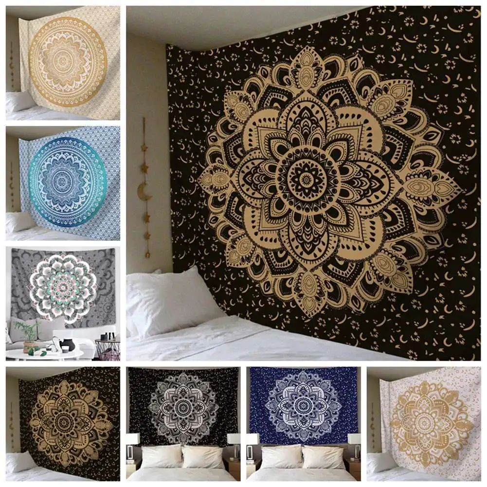 Tapisserie de fleurs de mandala indien, tissu de gril d'hélicoptère de Bohême, grand décor de chambre à coucher intérieure, décor de dortoir, esthétique