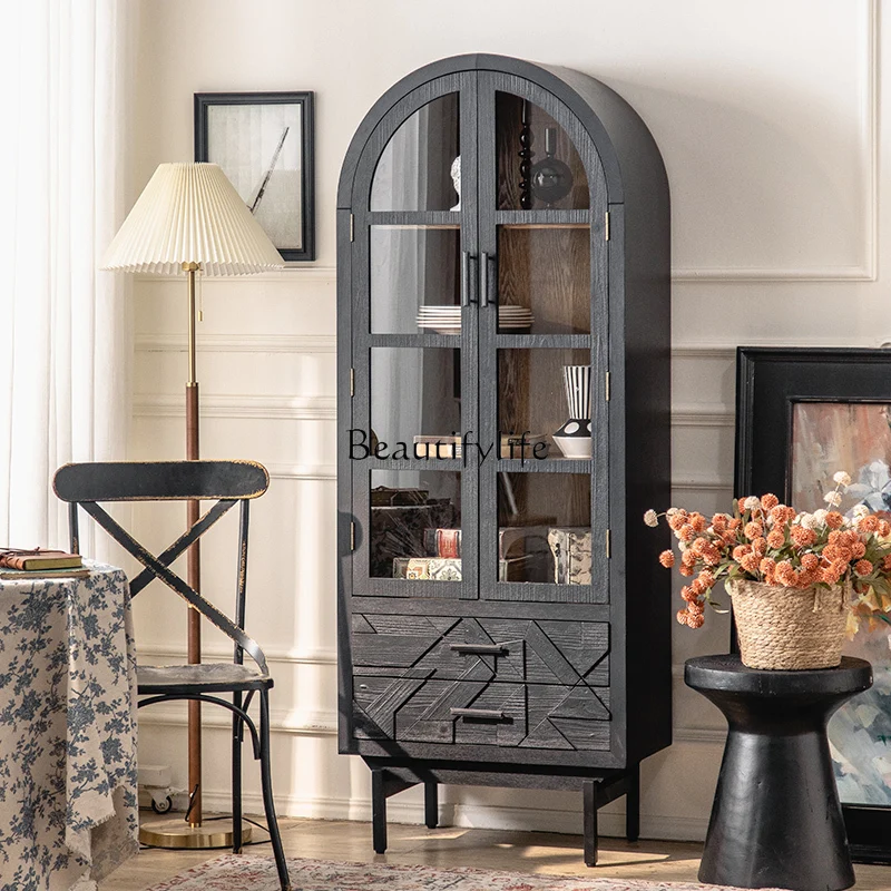 

French Vintage Black Bookcase Arched with Glass Door Living Room Wall Locker