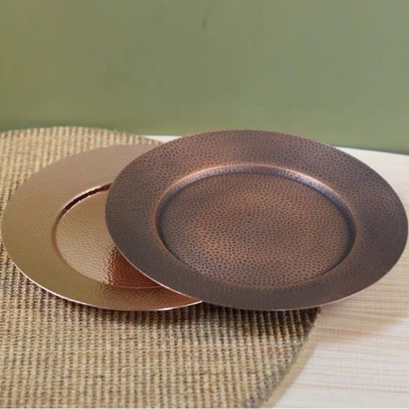 

Round Shape Copper Snack Tray,Retro Engraving Luster Hammer Texture Home Food 28 cm Plate,Cheese Fruit Disc Table Decorationk