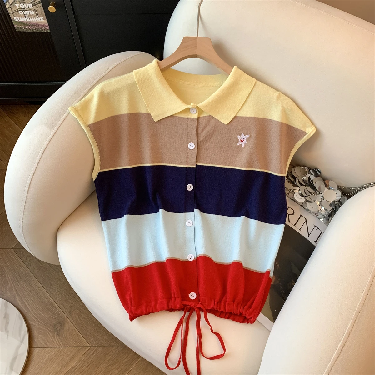 Dopamina colorido listrado camisola coletes feminino malha topos camisetas 2025 verão cordão elegante chique moda malhas camisetas