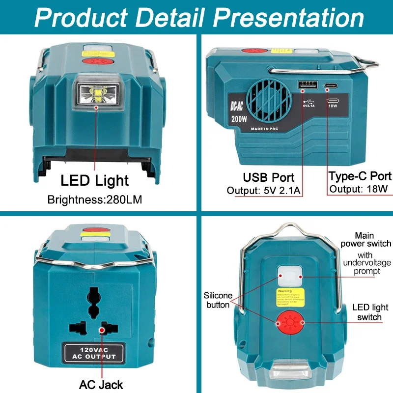 

For Makita/Bosch/Dewalt/Milwaukee/Ryobi 18V Battery Outdoor Portable Inverter 200W AC 120-220V Modified Sine Wave Power Adapter