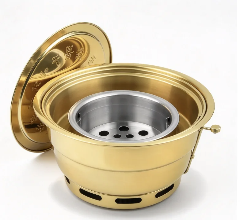 Korean BBQ Grill Commercial Smokeless Charcoal Stove Stainless Steel Gold Round Tabletop Barbecue Oven Built-in Carbon Roaster