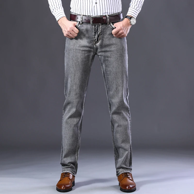 Vintage Smoke Gray Men's Stretch Slim Jeans Classic Fashion Business Casual Straight Regular Denim Trousers Grey Pants