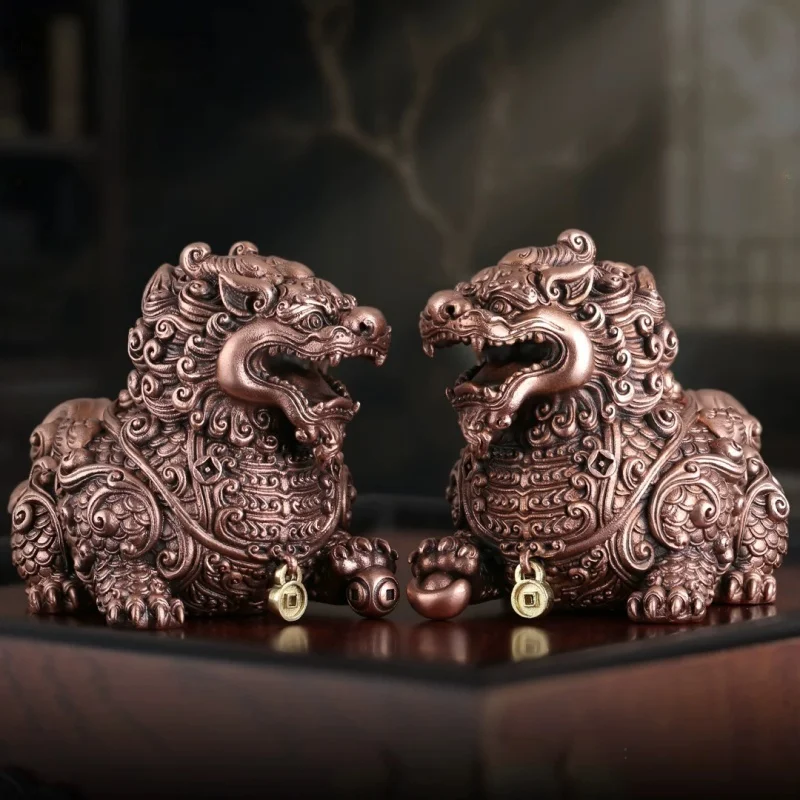 Pixiu Statue Pair Brass Chinese Mythical Beast Pi Yao Figurine Feng Shui Wealth Guardian Desktop Home Office Decor Ornament Gift