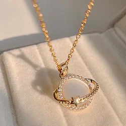 New Trendy 14K Real Gold Plated Planet Opal Necklaces for Women High Quality Jewelry AAA Zircon Titanium Steel Chain Gift