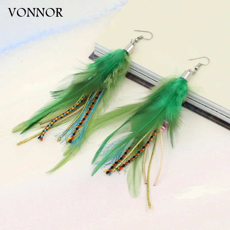 Bohemian Handmade Jewelry Green Feather Earrings for Women Multilayer Tassel Brown Drop Earrings Girls Party Accessories Gift