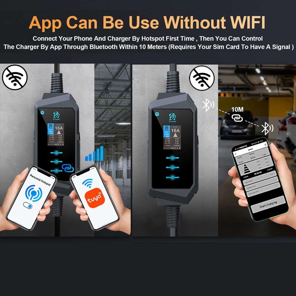 Evsow 휴대용 EV 충전기, 전류 및 충전 시간 설정, 와이파이 앱 제어, 타입 2, 3 상 16A 전기차 충전기