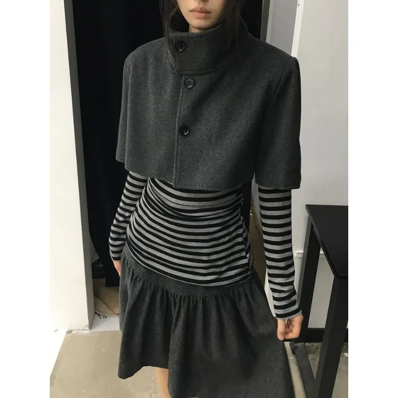 Japanese Retro Classic Striped Long Sleeved Top Dark Gray High Neck Vest Casual Waist Cinched Skirt Elegant Simple 3 Piece Set