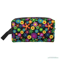 Women Hippie Flowers Travel Makeup Pouch Waterproof Large Capacity Travel Cosmetic Bag with Handle Cosmetic Storage Bag