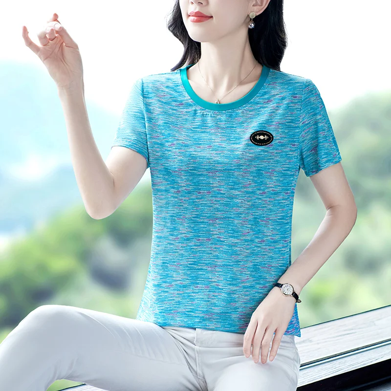 

Summer New Women's round Ne ort Sve T-irt Ice Silk Loose Fit Qui Dry Straight Tube ape Polyester Blend Top