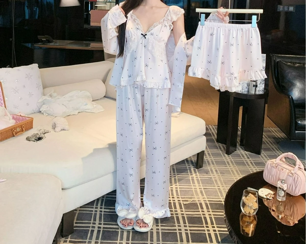 

Ice Silk Suspender Shorts Chest Pad Pajamas Women's Summer Sexy Loungewear New Long-sleeved Spring and Summer Four-piece Set