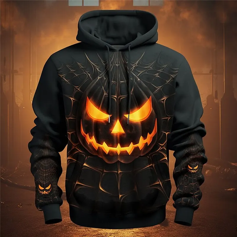 

3D Evil Pumpkin Print Black Hoodies Autumn Winter Casual Comfortable Long Sleeve Pullover Creative Personality Design Unisex Top