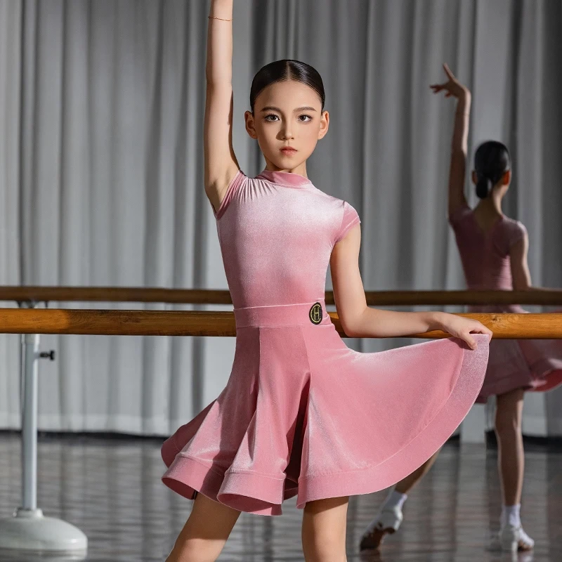 2025 New Latin Dance Competition Clothing For Girls Pink Velvet Long Sleeved Split Skirts Suit Chacha Rumba Latin Wear  DQS20014