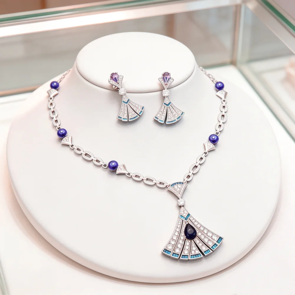 Vintage Fashion Style Dinner Party Necklace Earrings Inlay Blue Cubic Zircon Fanshaped Pendant Plated Gold Color Jewelry Sets