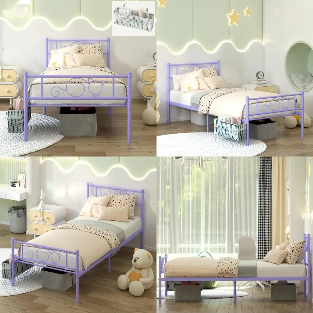 إطار سرير معدني بحجم مزدوج أرجواني من GIME للأطفال/الفتيات/المراهقين/الكبار، سرير بمنصة بتصميم قطة لطيفة مع حقيبة تخزين معلقة، مقاس M قوي #1