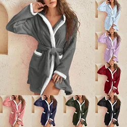 Women Bath Robe Winter Fluffy Plush Pyjamas Ladies Sexy Hooded Dressing Solid Color Gown Warm Bathrobe Female Home Clothing