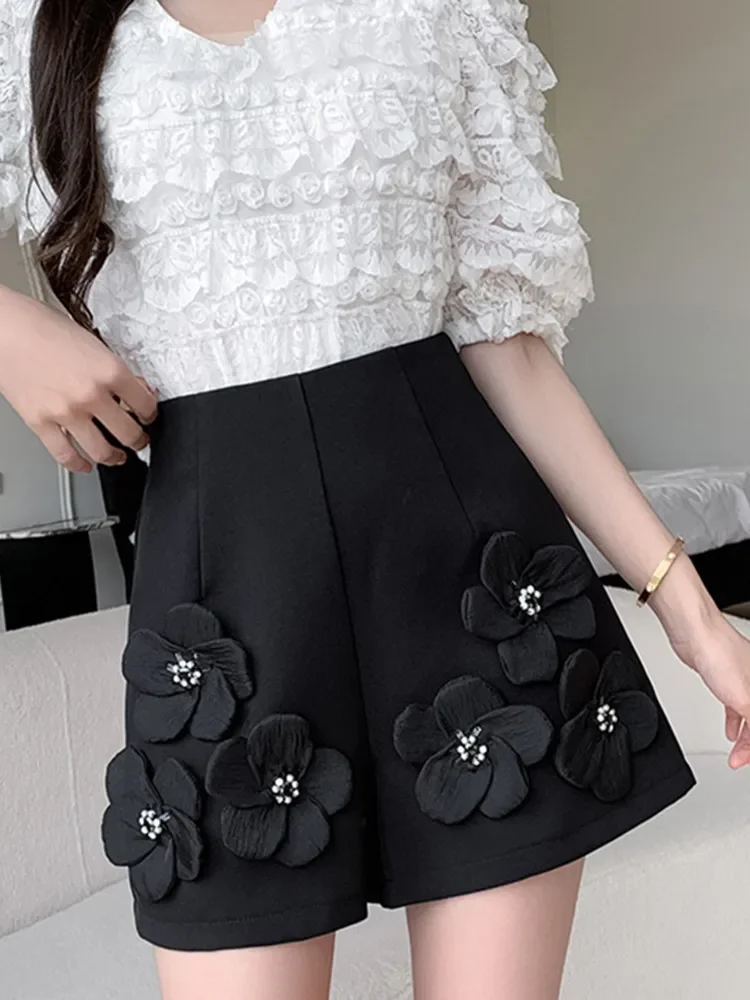 High Waist Beaded Flower Suit Shorts For Women 2024 New Spring/Summer Loose Slimming Versatile Wide Leg Pants