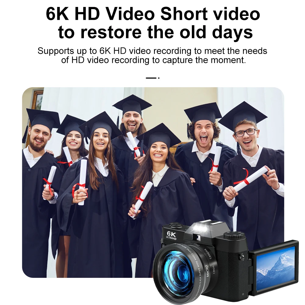 كاميرا تصوير رقمية 6K تكبير رقمي 16X 64 ميجابكسل مسجل فيديو مدونة فيديو عتيق يوتيوب 180 °   كاميرا ويب واي فاي بشاشة قلابة مع فلاش