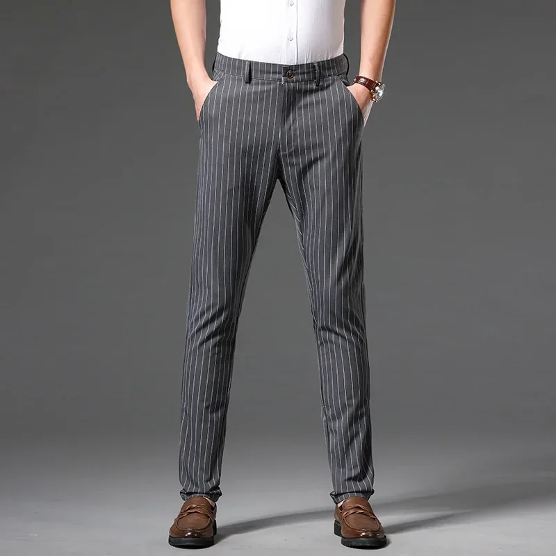 

Classic 6 Color Casual Pants Men Stripe Plaid Spring Summer Business Fashion Comfortable Red Stretch Cotton Slim Trousers 30-38