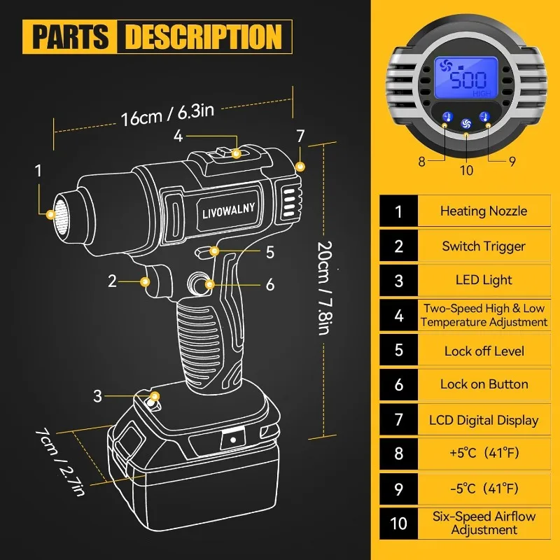 Cordless Heat Gun for Dewalt 20v Battery, LIVOWALNY 350W 122℉-1022℉ Fast Heating Soldering Hot Air Gun