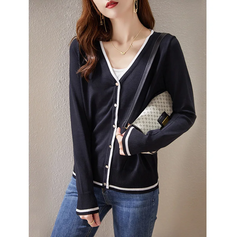 Spring Autumn New Women\'s Color Block V-Neck Button Casual Fashion Commuter Versatile Loose Long Sleeve Knitted Cardigan Tops