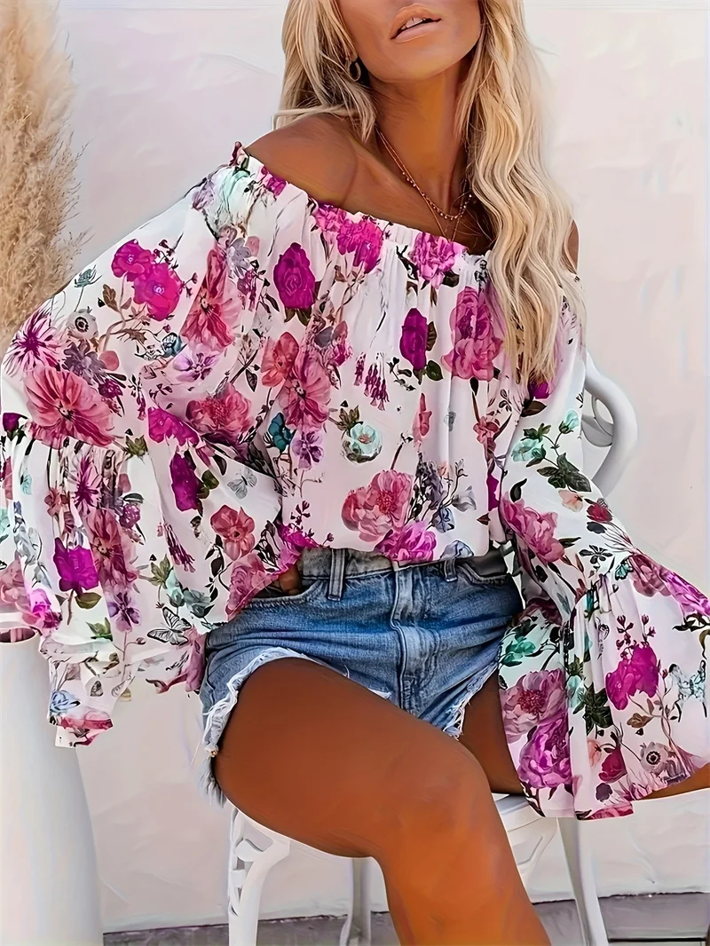 

2025 Women Elegant Office Floral Long Sleeve Blouses Fashion Ruched Slash Neck Casual Loose Simple Shirts Ladies Tops Streetwear