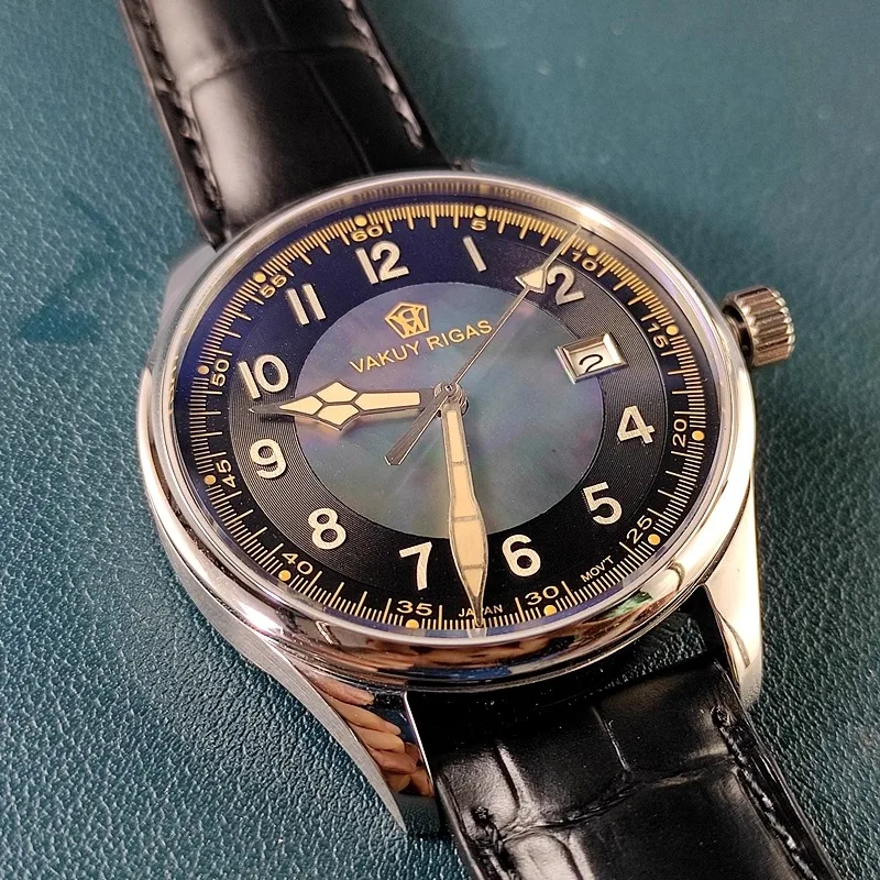 Vakuy 40mm relógio mecânico automático piloto nh35 madrepérola tridimensional prata parafuso prisioneiro negócios ao ar livre relógio à prova dwaterproof água