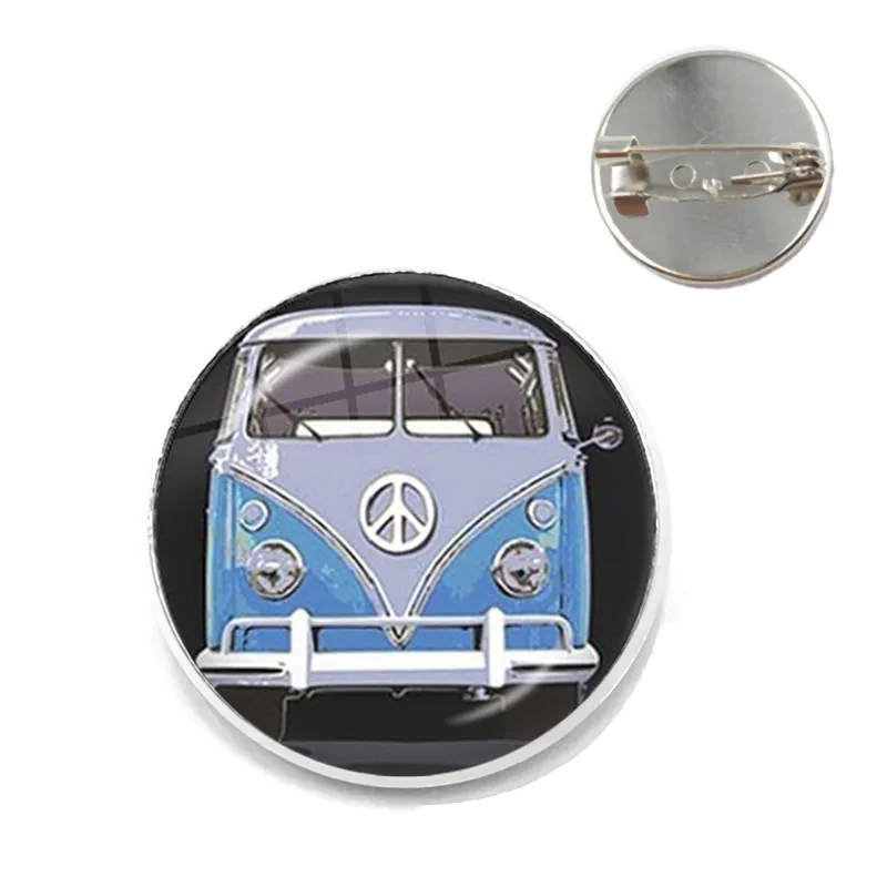 New Design Peace Sign Van Bus Brooch Pin Fashion Silver Color Glass Cabochon Hippie Car Badge Brooches Collar Pins For Women