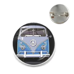 New Design Peace Sign Van Bus Brooch Pin Fashion Silver Color Glass Cabochon Hippie Car Badge Brooches Collar Pins For Women