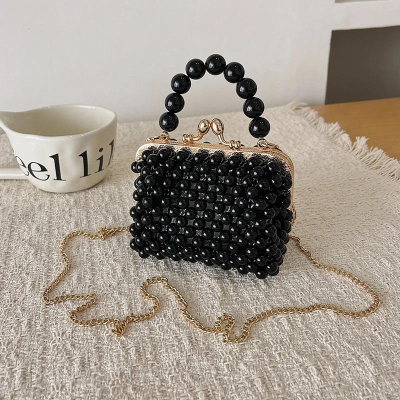 Luxuriöse Designer-Damentasche, handgefertigte Perlen-Tasche, neue Ketten-Schulter-Crossbody-Tasche, Mini-Lippenstift-Etui, Vintage-Perlen-Abendtasche – Detail 25