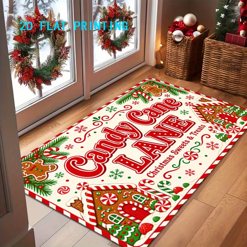 Gingerbread House Candy Cane Christmas Street 2D Flat Print Non Slip Washable Rug Mat For Entrance Home Decor