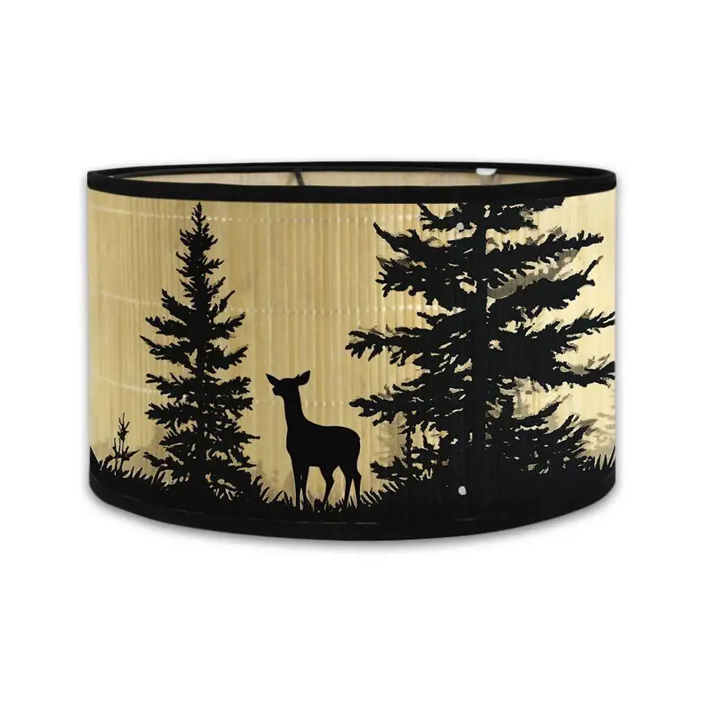 Bamboo Lampshade Forest Elk Silhouette Printed Lampshade E27 Lamp Holder Barrel Shaped Lampcover