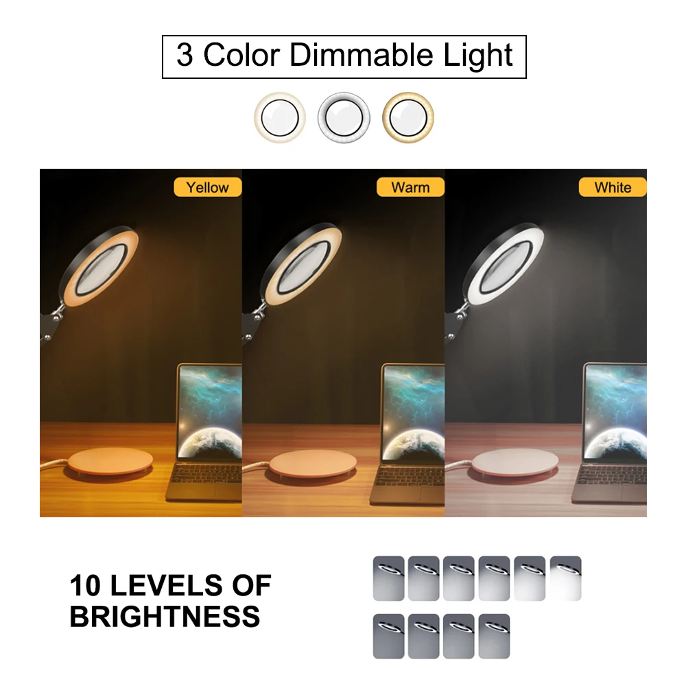 Imagem -03 - Tabela Ajustável Braçadeira 5x Lupa com 72 Smd Led Luz Modos de Cor Stepless Regulável Lâmpada de Mesa Lupa para Leitura