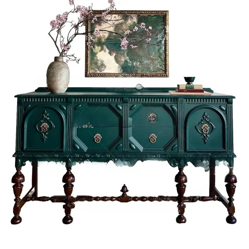 

French retro solid wood carving flower porch cabinet living room decorative cabinet household wall locker dark green