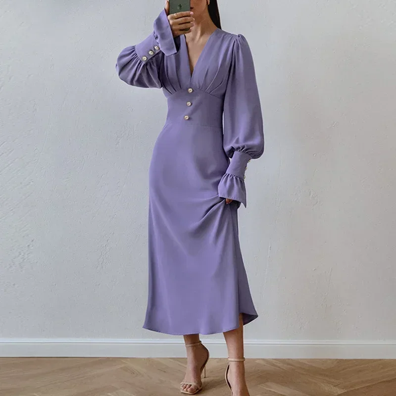 French Slim Breathable Ladies Dress Autumn Lantern Long Sleeve V Neck Long Dress Vintage Elegant Solid Color Pearl Women Dresses