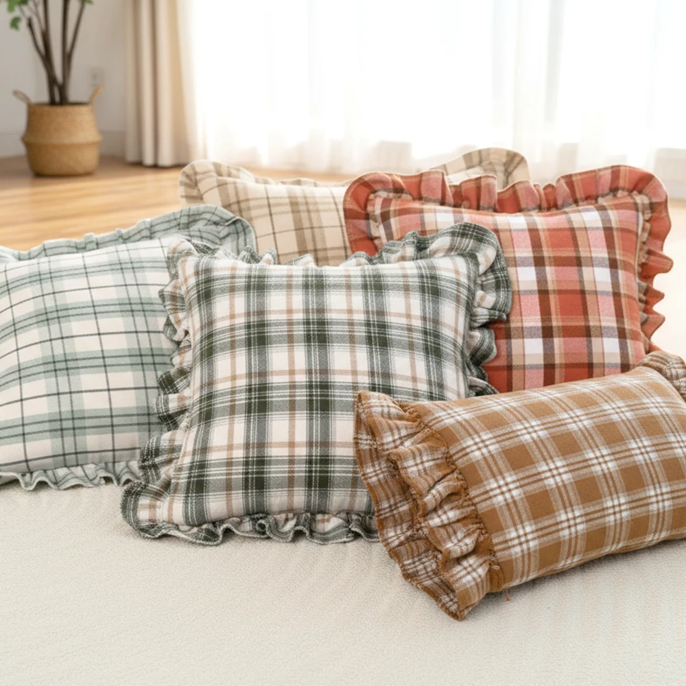 BUYNOW 1 STÜCK Zweifarbiger karierter Spitzenkissenbezug Britischer Vintage-Stil Countryside Cottage Sofa Kissenbezug Home Schlafzimmer Bett Dekor – Detail 4